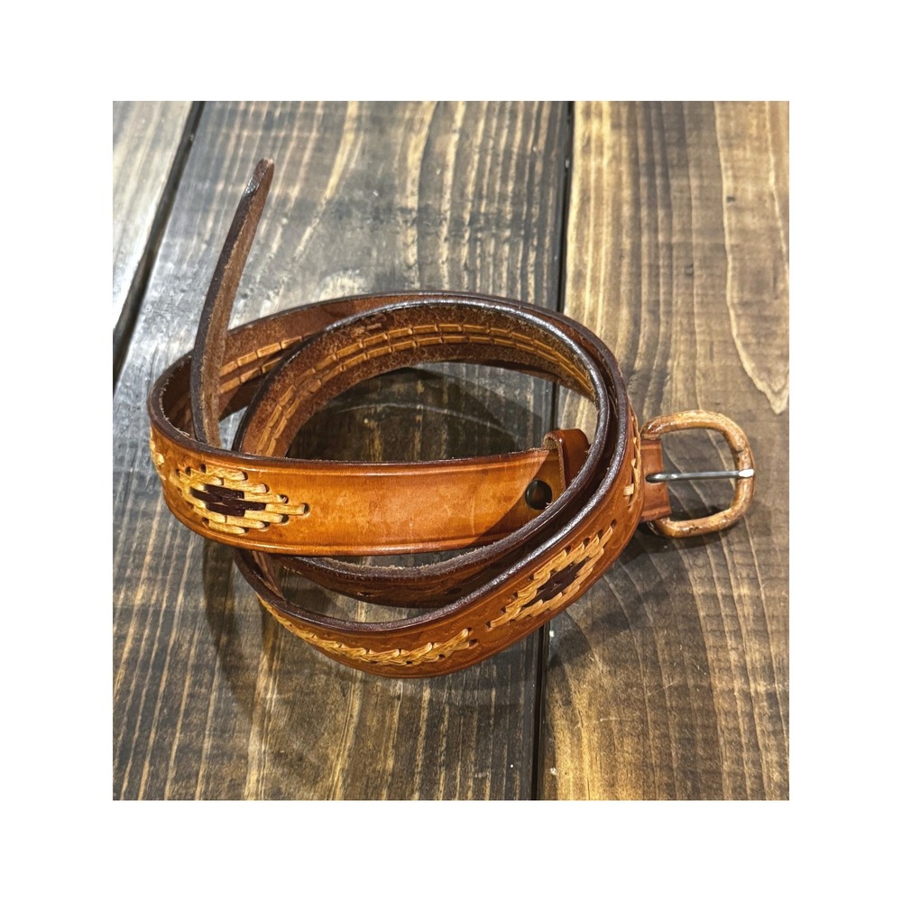 Vintage Leather Belt Brown Braided Aztec Western Southwestern Size 44 50 Inch